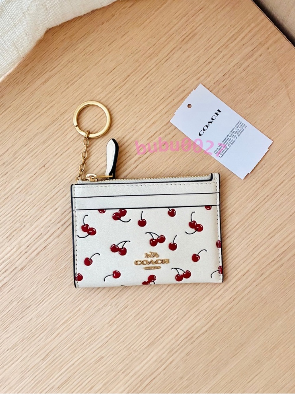 NWT🍒Coach Mini Skinny ID Case With Cherry Print CFA32 Chalk Keyring Cute Gift